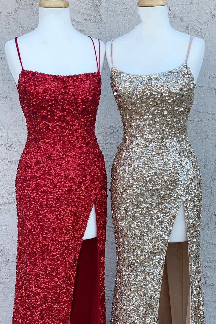 Spaghetti Straps Gold Sequins Mermaid Long Formal Dress