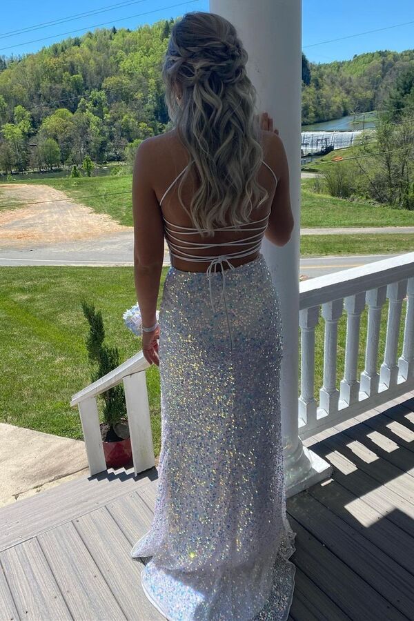 Spaghetti Straps Mermaid White Scoop Neck Sequins Long Prom Dress with Slit