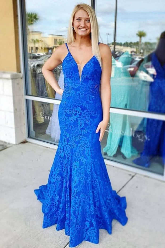 Trumpet Hot Pink V-Neck Lace Backless Sleeveless Long Prom Dress