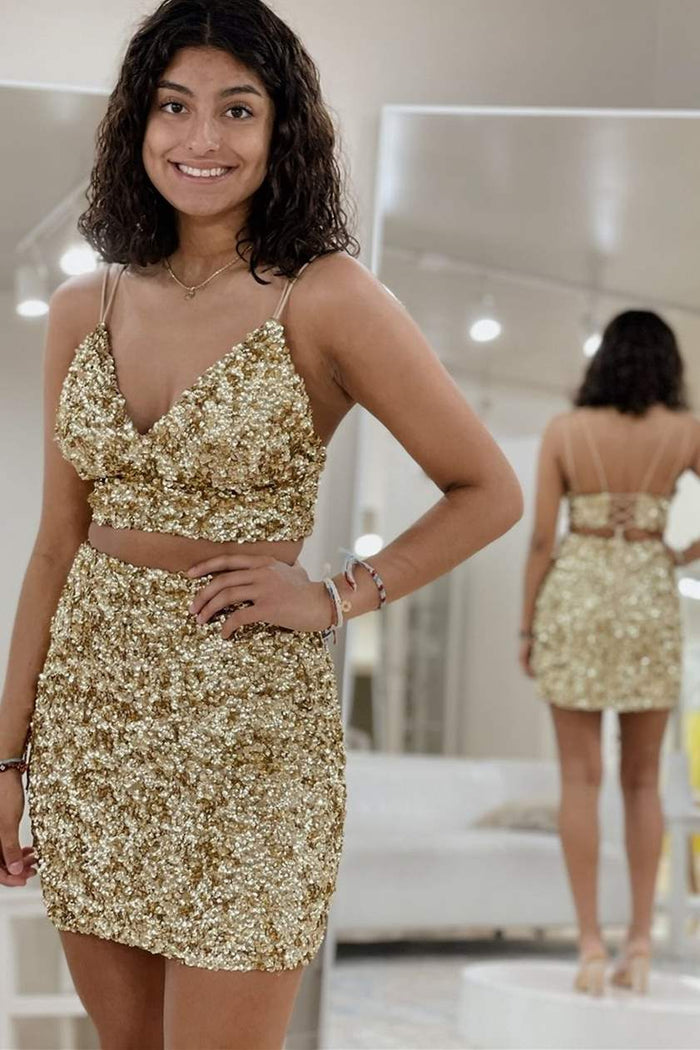 Two Piece Tight Red Sequins Homecoming Dress