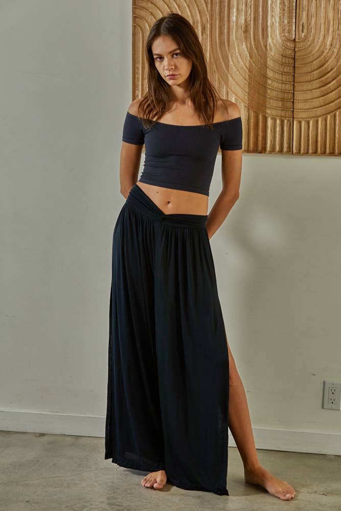 Women's Knit Seamless Ribbed Off Shoulder Crop Top - Black (Final Sale)
