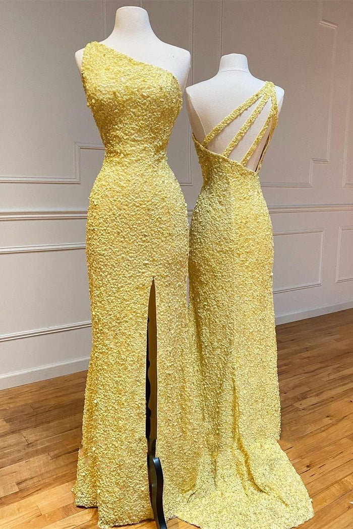 Yellow One Shoulder Mermaid Full Sequins Formal Prom Dress with Slit