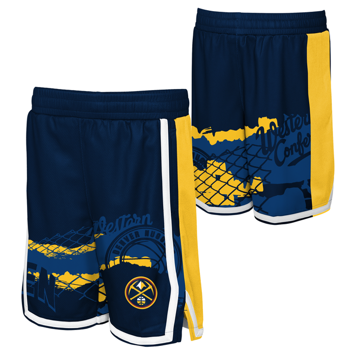 Combine view of the navy blue basketball shorts, displaying both the Denver Nuggets team logo on one leg and the "Western Conference" graphic on the other.