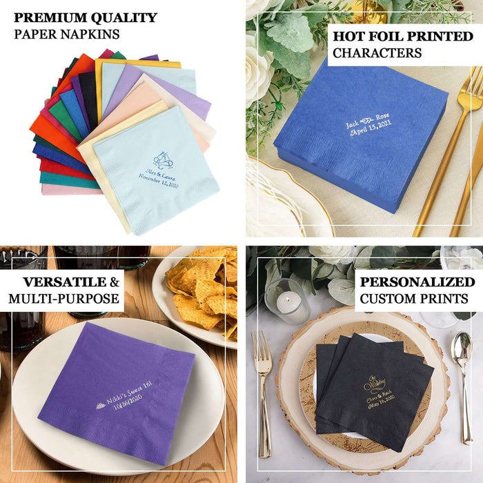 Premium quality paper napkins in various colors with personalized prints.