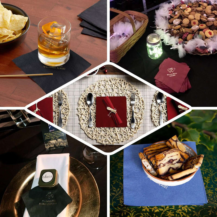 Collage of elegant dining setups with drinks, desserts, and table settings.
