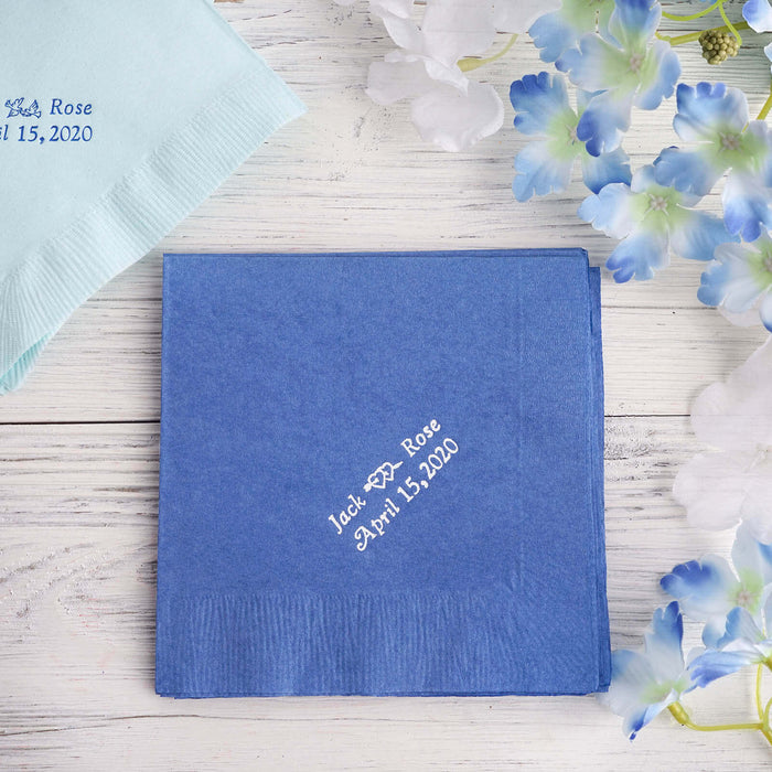 Personalized blue napkin with text design for events or celebrations.