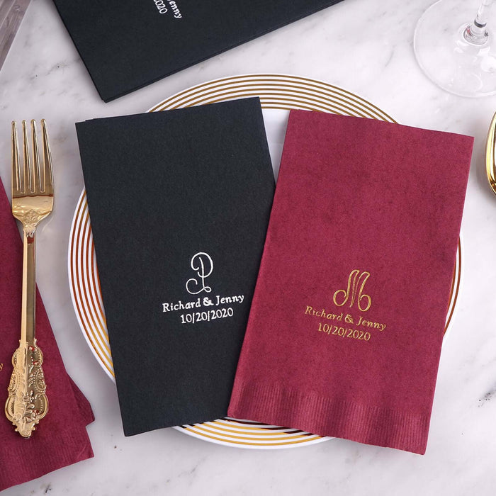 Personalized wedding napkins in black and burgundy with custom printing.