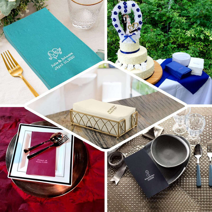 Various elegant table settings featuring personalized napkins and decor.
