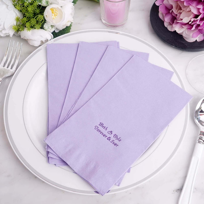 Lavender napkins with "Bath & Style Forever & Ever" on a white plate