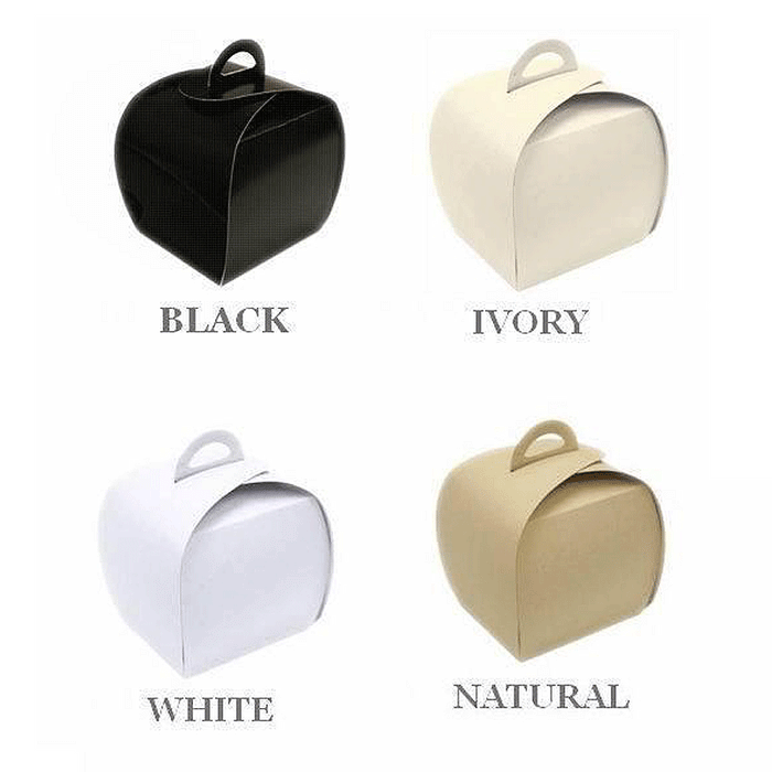 Colorful gift boxes in black, ivory, white, and natural.