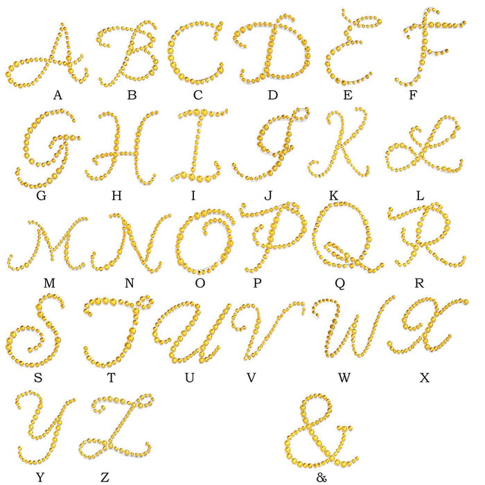 Gold rhinestone alphabet letters A-Z in cursive style on a white background.