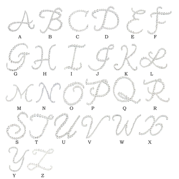 Alphabet letters made of sparkling rhinestones in various styles.