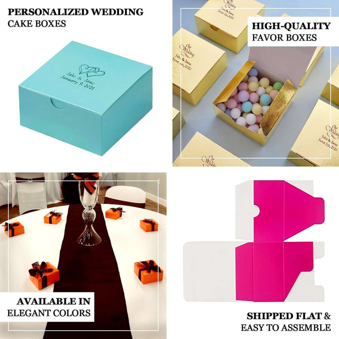 Personalized wedding cake boxes in elegant colors for favors and easy assembly.