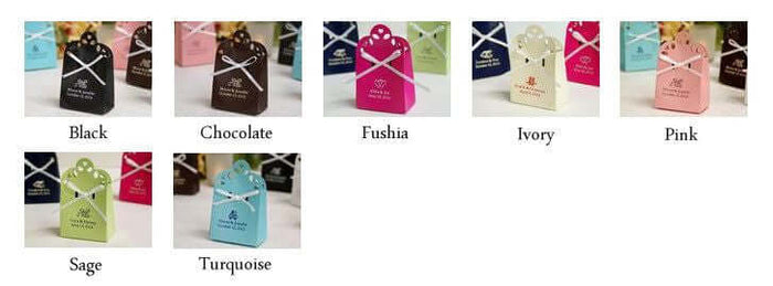 Colorful gift boxes in various shades: Black, Chocolate, Fuchsia, Ivory, Pink, Sage, Turquoise.