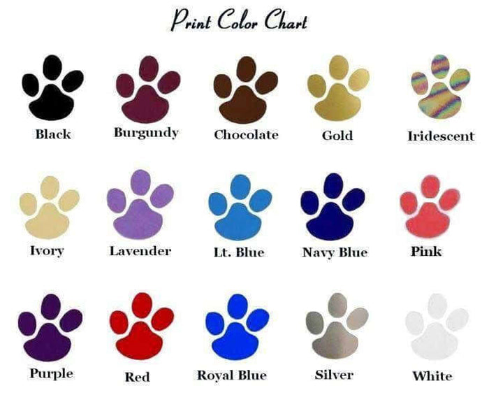Print color chart featuring various paw print colors including black, pink, and gold.