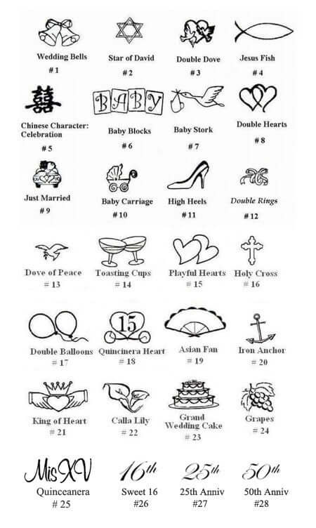 Various wedding and celebration symbols, including doves, rings, and balloons.