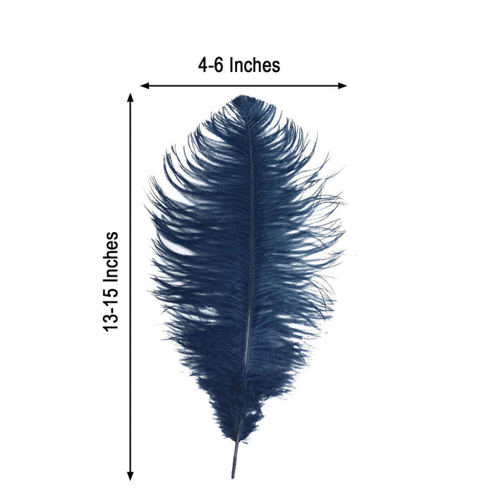 Navy blue feather measuring 4-6 inches wide and 13-15 inches long.