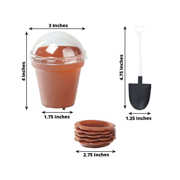 Mini gardening set with pot, saucer, and shovel dimensions