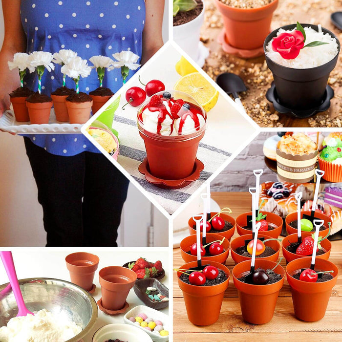 Mini flower pots filled with desserts and treats in a creative presentation.