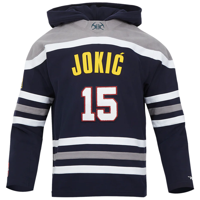 Front view of a navy blue Denver Nuggets jersey-style hoody with the player name 'JOKIC' and number '15' in yellow and white