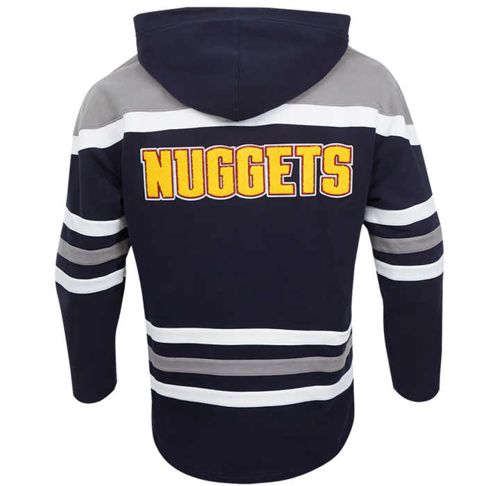 Back view of a navy blue jersey-style hoody with 'NUGGETS' printed in bold yellow block letters across the back