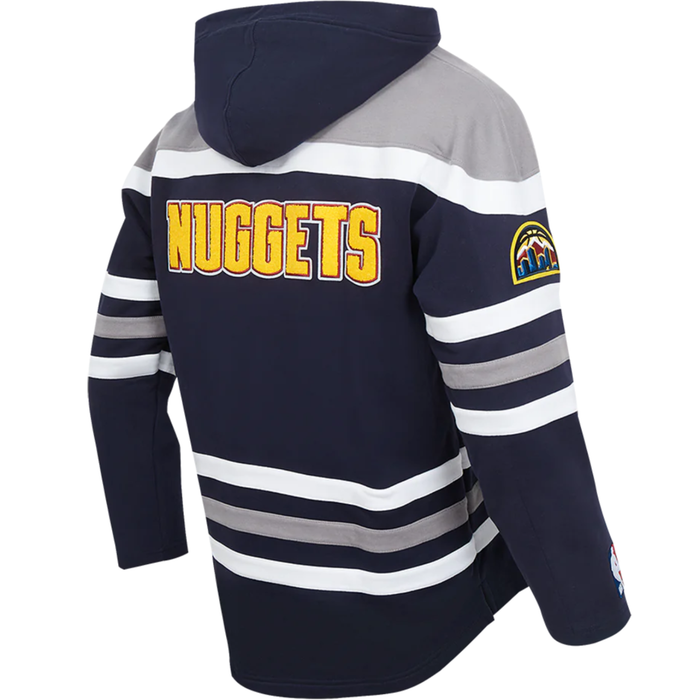 Back right facing view of the navy blue Denver Nuggets jersey-style hoody, showing the gray hood and team-themed sleeve striping