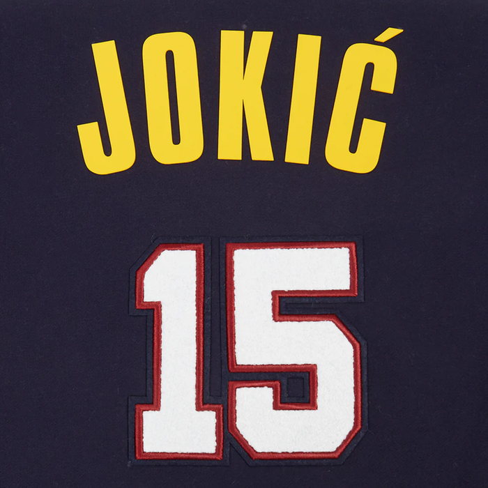 Close-up of the back of the hoody showing the name 'JOKIC' in yellow and the number '15' in white with a red outline