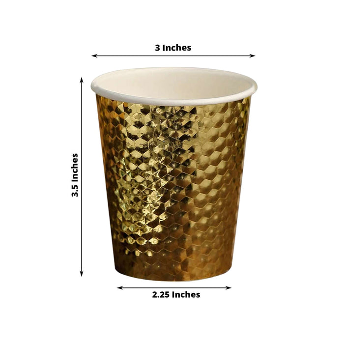 Gold honeycomb patterned paper cup, 3.5 inches high, 2.25 inches wide.