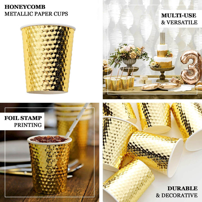 Gold honeycomb metallic paper cups, versatile and decorative for any occasion.