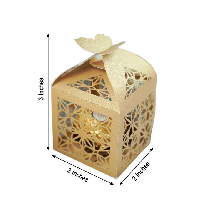 Gold decorative gift box with intricate cutout design, dimensions 3x2x2 inches.