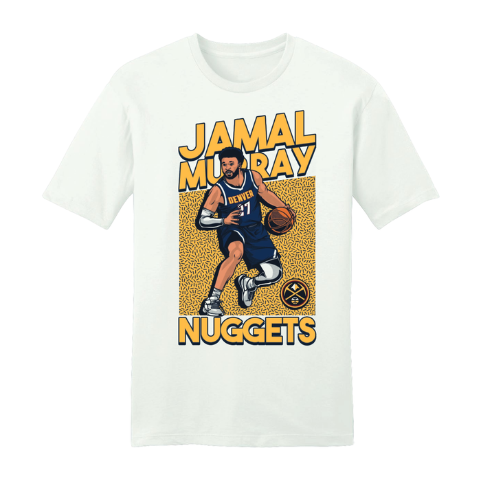 Front view white t-shirt with a graphic of Denver Nuggets player Jamal Murray dribbling a basketball. The graphic is set against a textured, gold-colored square background, with the player's name, "JAMAL MURRAY," printed above him and "NUGGETS" printed below him in bold, gold lettering.