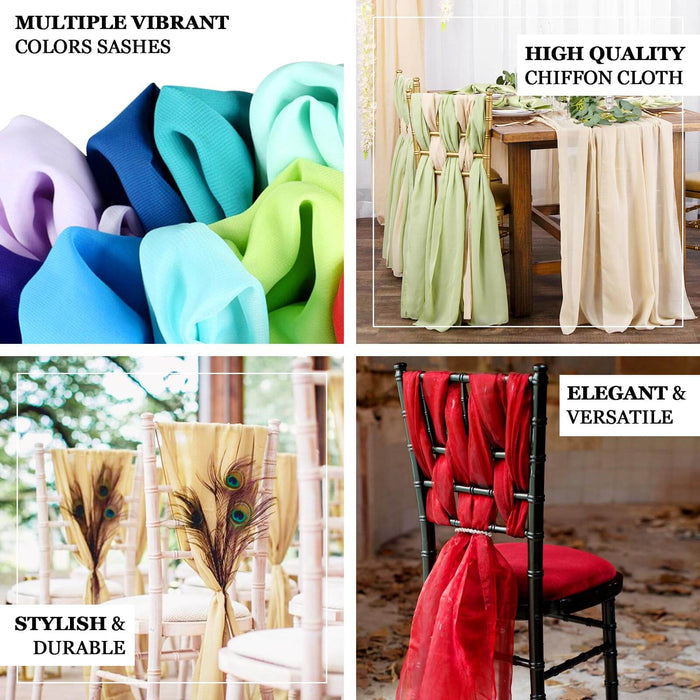 Chiffon chair sashes in multiple vibrant colors, elegant and versatile for events.