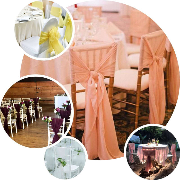 Elegant chair sashes in various colors for wedding and event decor.