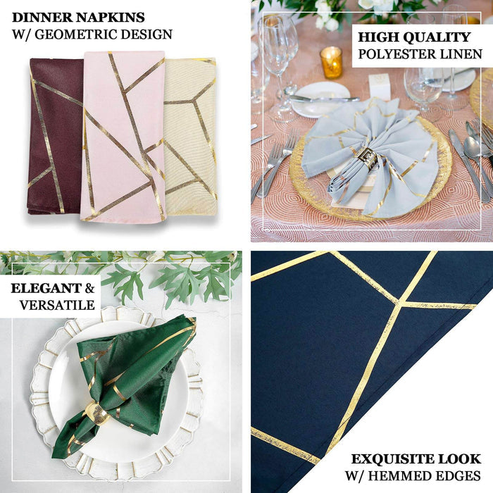 Geometric design dinner napkins in various colors on elegant table setting.