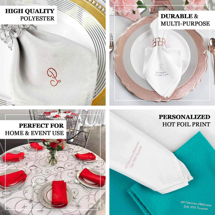 Elegant polyester napkins with personalized hot foil print, perfect for events and home use.