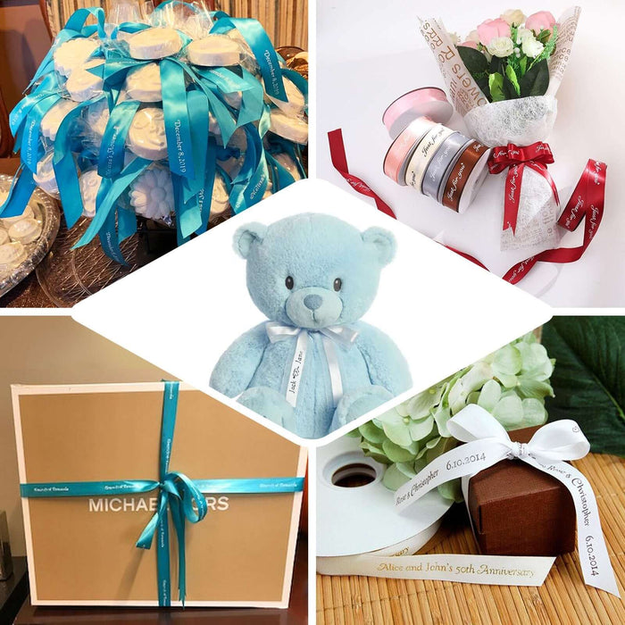 Collage of gift items with ribbons, flowers, and a blue teddy bear.