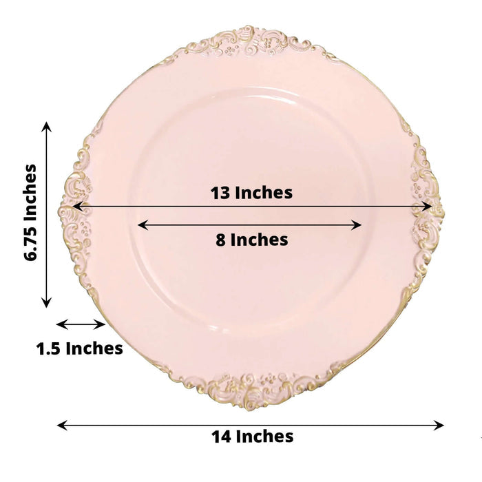 Pink decorative plate with ornate edges, measuring 13 inches.