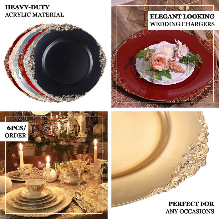 Elegant wedding chargers in various colors for all occasions.