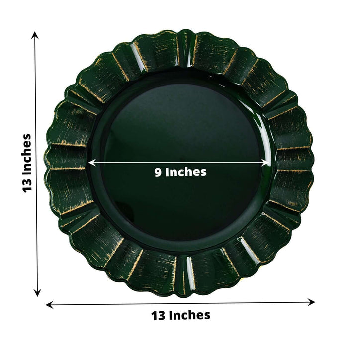 Green decorative plate with scalloped edges, 13 inches diameter, 9 inches center.