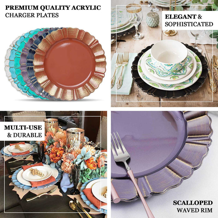 Premium quality acrylic charger plates in various colors and styles for elegant dining.