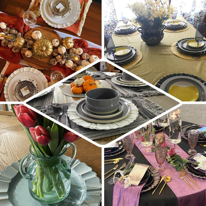Elegant table settings with seasonal decor and floral arrangements.