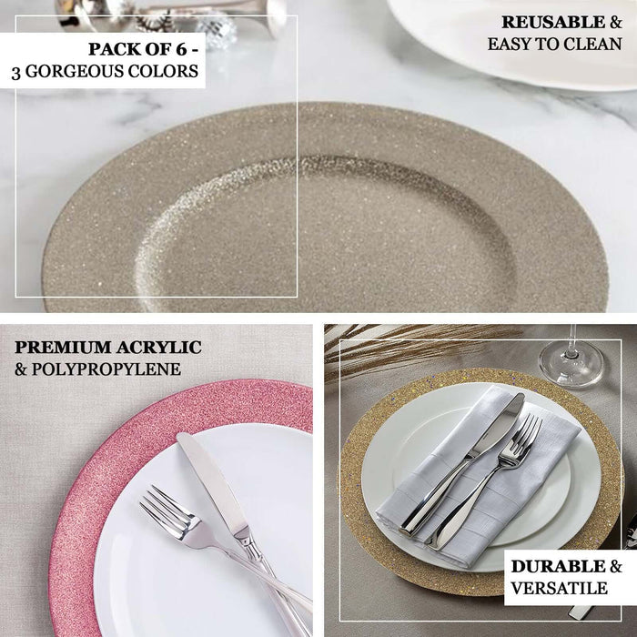 Pack of 6 reusable premium acrylic plates in 3 colors, easy to clean and versatile.