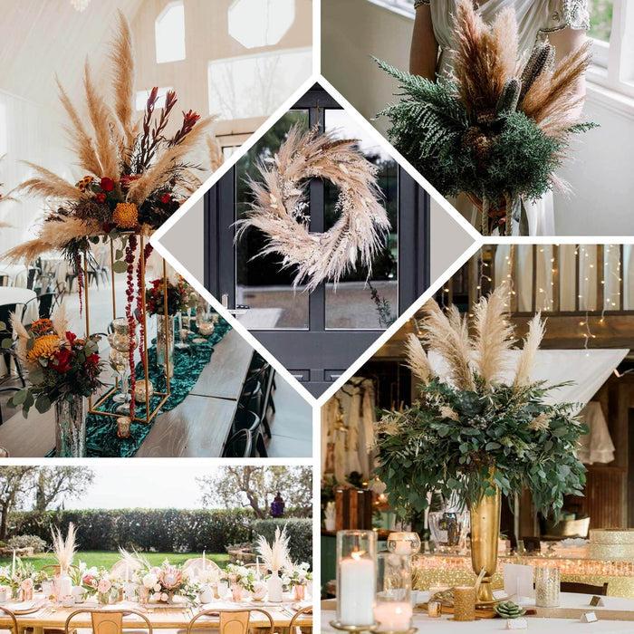 Assorted floral arrangements featuring pampas grass and greenery for event decor.
