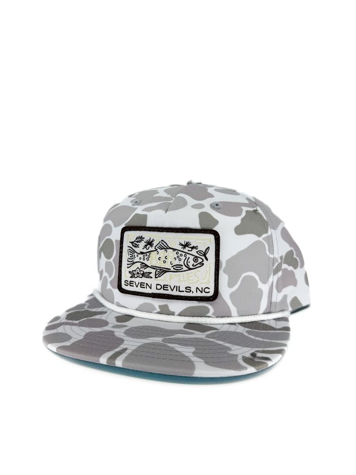 828 Blizzard Duck Camo trucker hat with white rope trim and Seven Devils NC embroidered patch