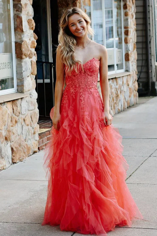 A-Line Coral Tulle Strapless Layered Prom Dress with Appliques