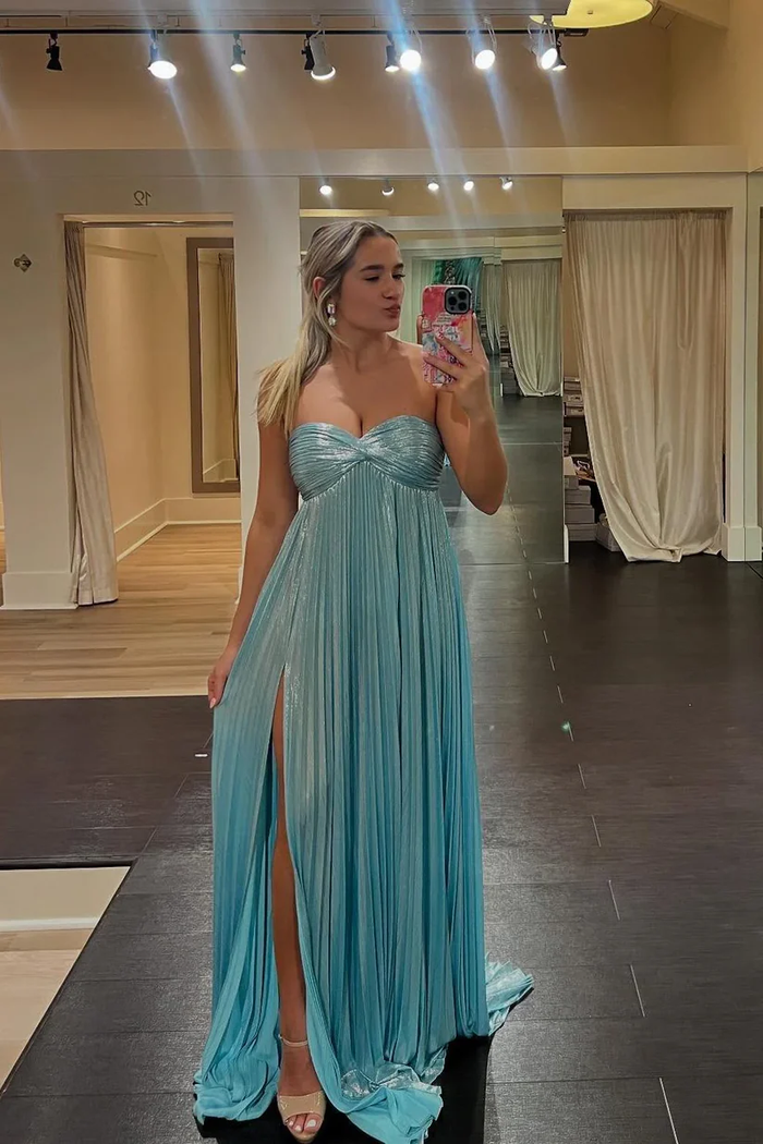 A-line Empire Light Blue Metallic Pleated Formal Dress Prom Dress