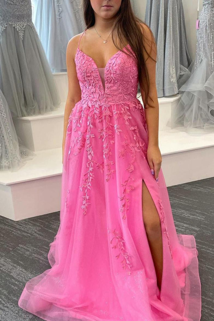 A-Line Pink V-Neck Lace Appliques Long Formal Dress with Slit