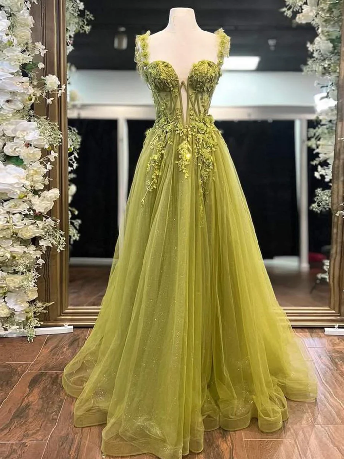 A-Line Sage Sweetheart Tulle Long Prom Dresses with Lace Appliques