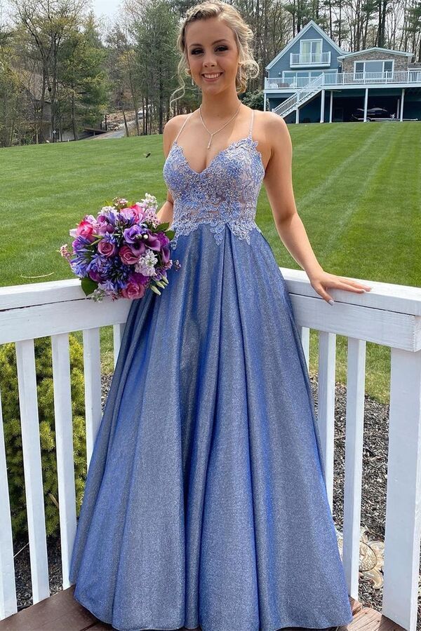 A-line Spaghetti Straps Empire-Waist Appliques Pleated Long Prom Dress