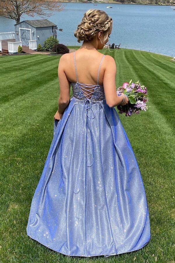 A-line Spaghetti Straps Empire-Waist Appliques Pleated Long Prom Dress